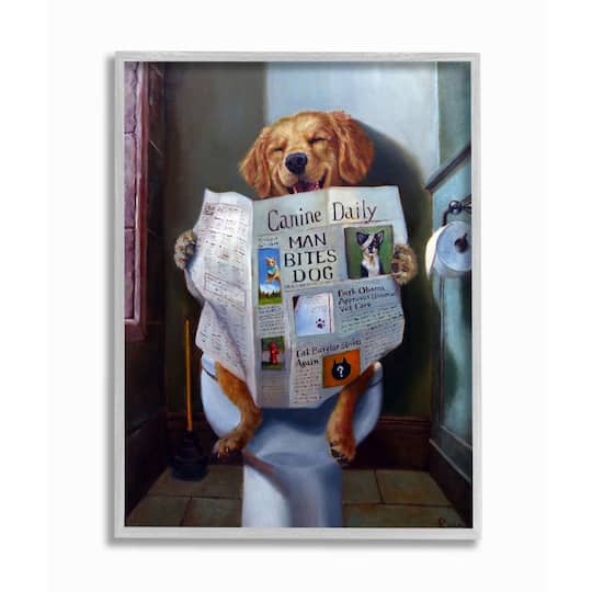 Stupell Industries Dog Reading the Newspaper On Toilet Wall Art in Gray Frame